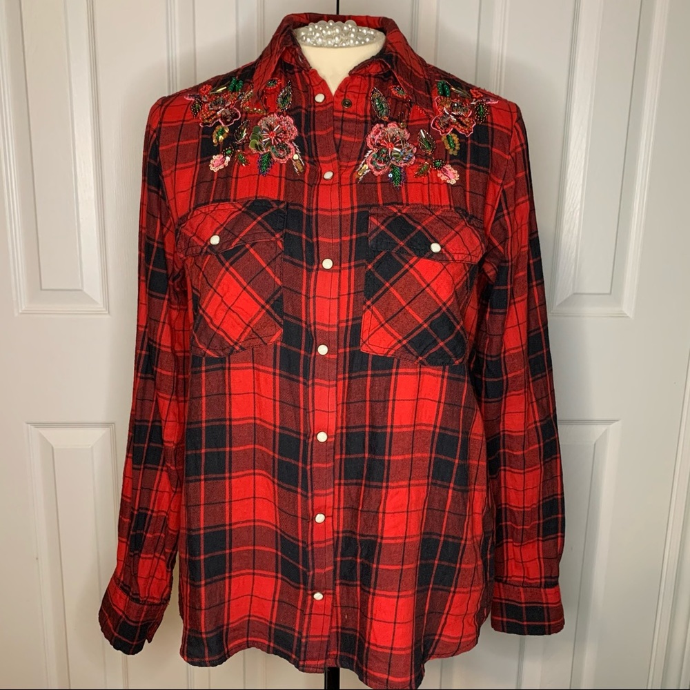 Zara Floral Beaded Buffalo Check Flannel Shirt